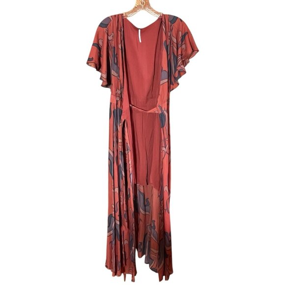 Free People Women Brick Tulip Sleeve Wrap Maxi Dress XS Boho Art Deco Pattern - Picture 5 of 9
